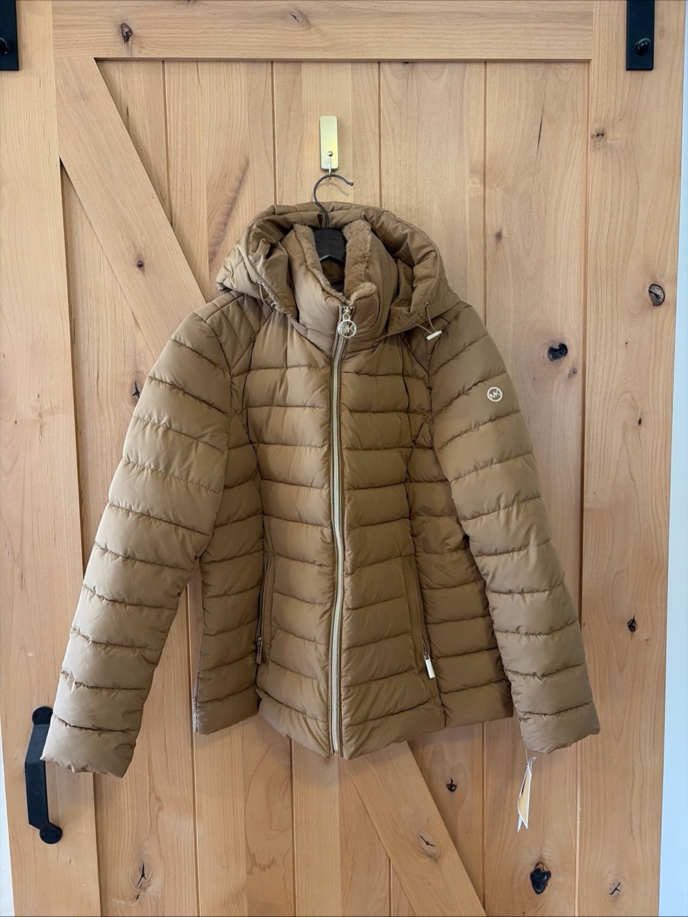 MICHAEL Michael Kors Packable Puffer Jacket Hooded Full Zip Camel Brown L NWT